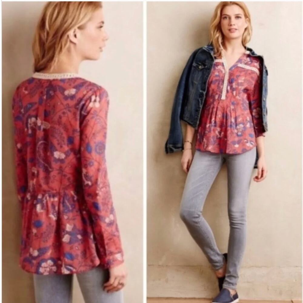 Anthropologie Maeve Abella Blouse 10 Coral Floral Butterfly Crochet Boho